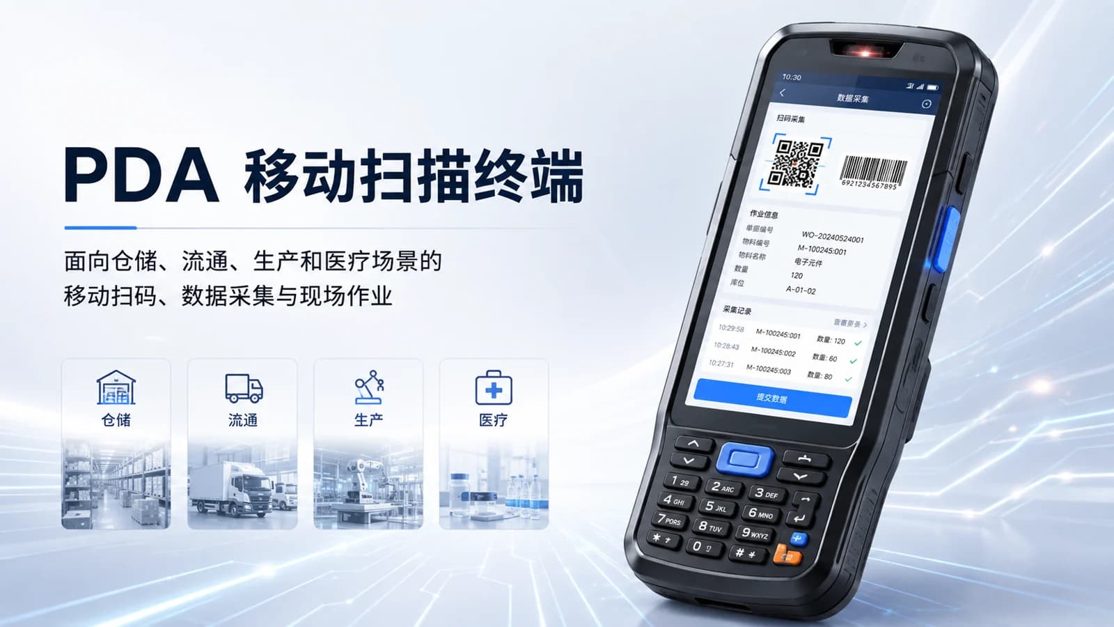 PDA 移动扫描终端及仓储、流通、生产与医疗应用场景示意